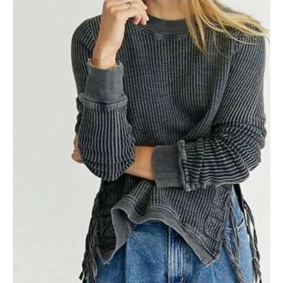 Free People Tops - FP One Free People Interlaken Top Womens Large Black Boho Thermal Grunge Casual